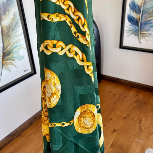CÉLINE PARIS Hand-Rolled Silk Scarf in Emerald Green and Gold - Picture 11 of 13